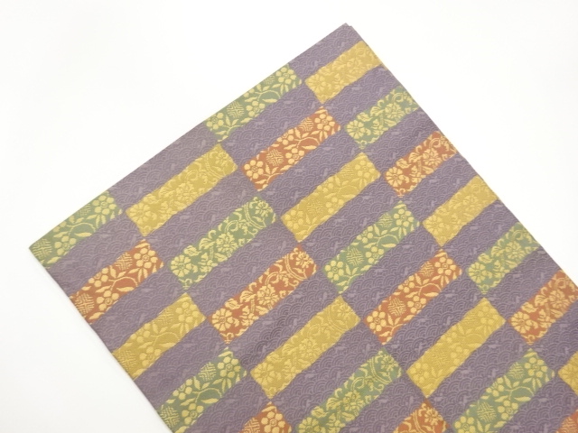  あらいそ製　縞・横段に青海波・花葉模様織出し開き名古屋帯（額縁仕立て）